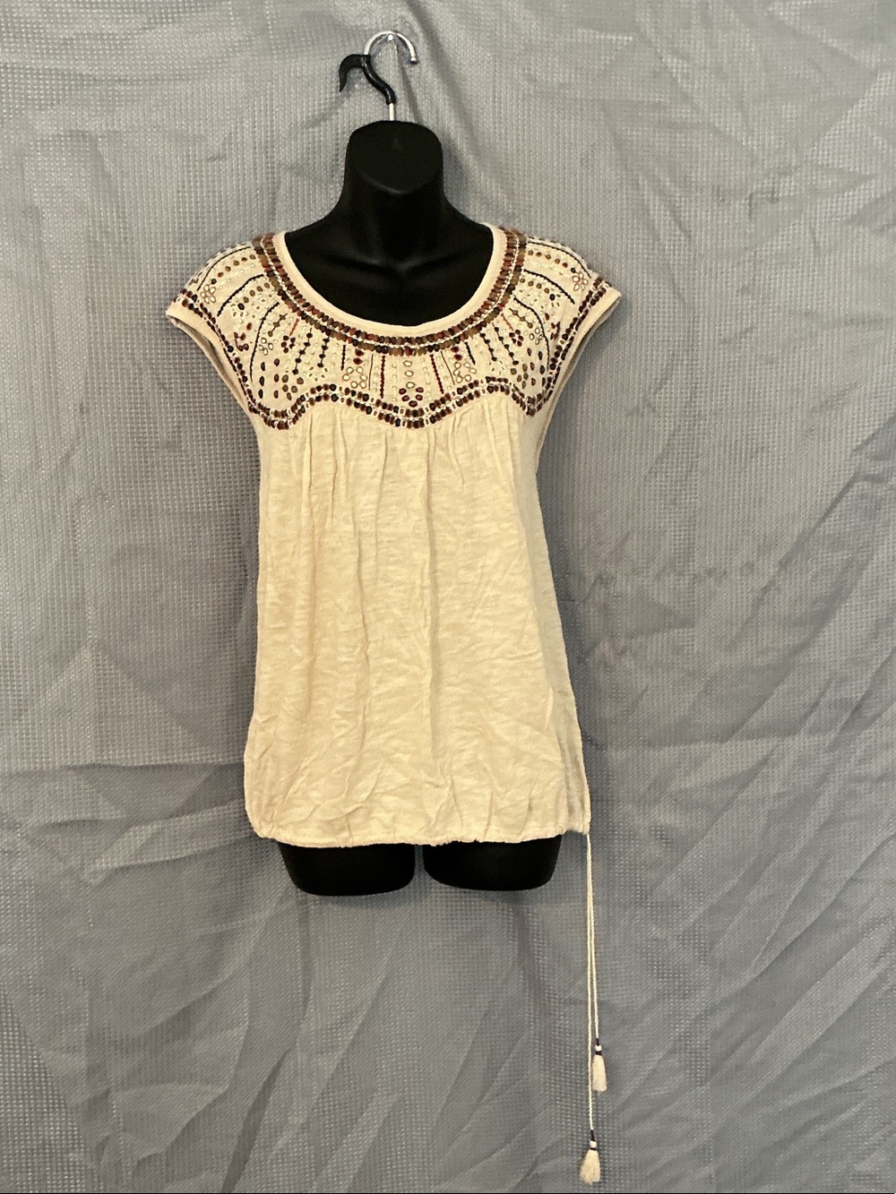 Anthropologie Cream Cap-Sleeve Tunic with Brown Embroidery